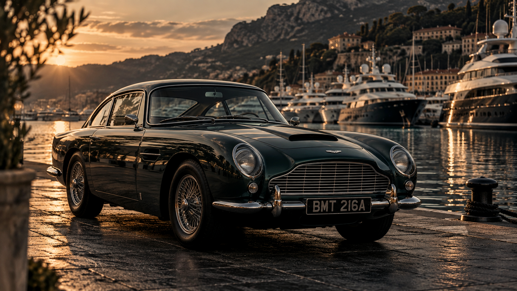 Classic Aston Martin DB5 on a harbour quayside at sunset