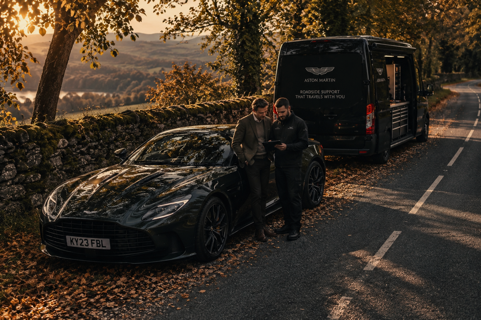 Owner and technician reviewing a tablet beside a dark Aston Martin and mobile support van on a country road at sunset