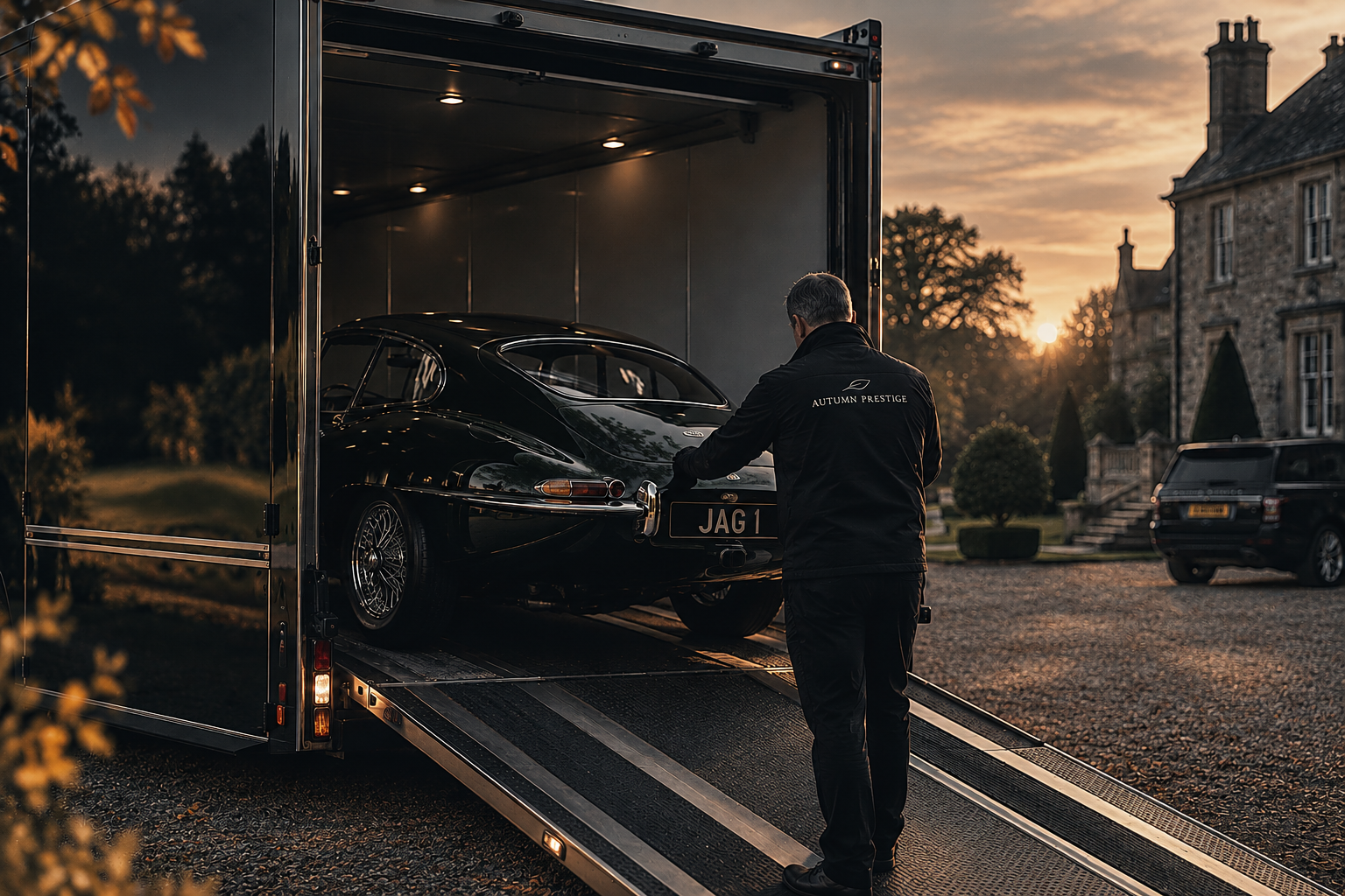 Autumn Prestige technician loading a classic Jaguar E-Type into an enclosed transporter at sunset