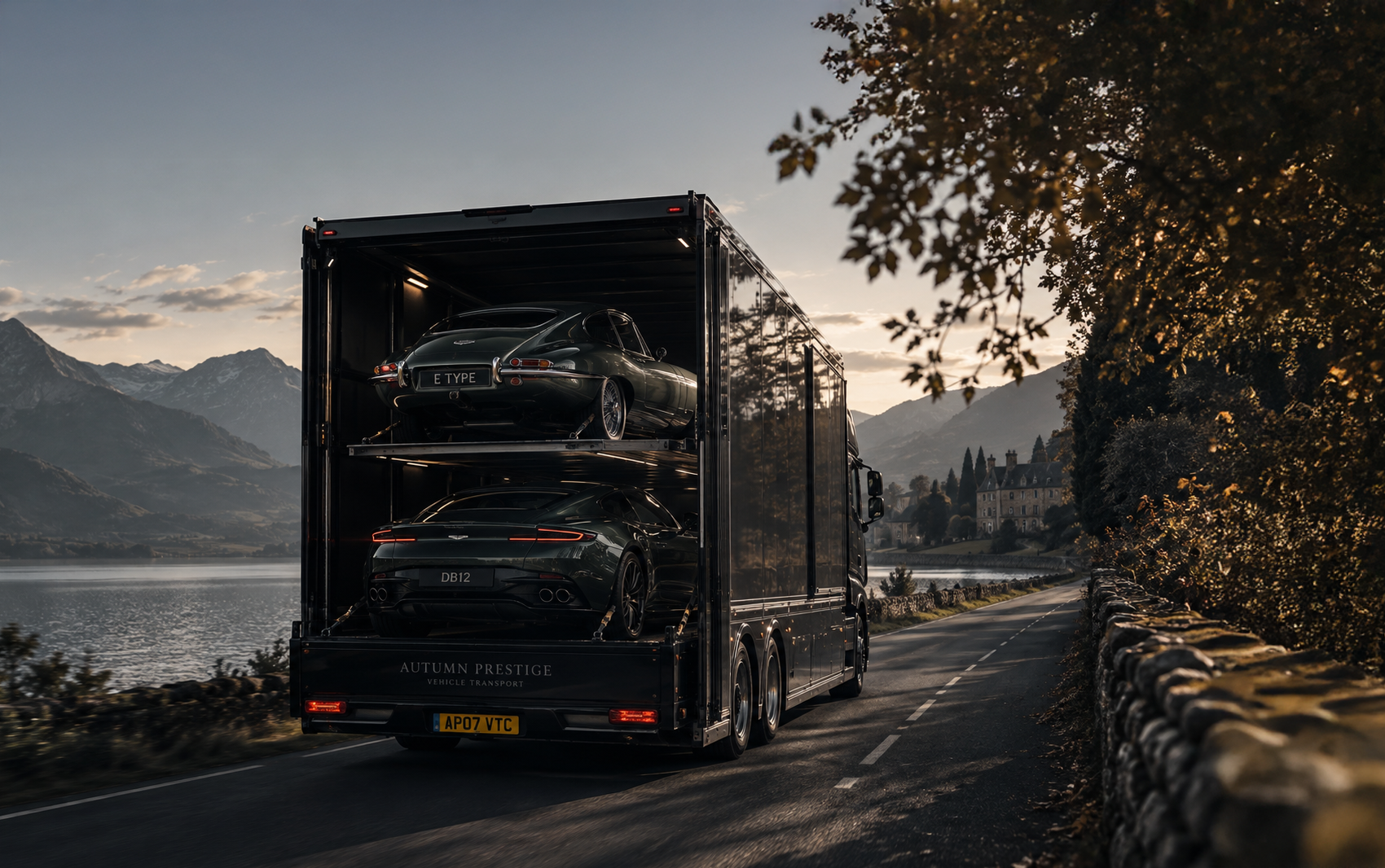 Autumn Prestige enclosed transporter carrying a Jaguar E-Type and Aston Martin DB12 along a lakeside mountain road