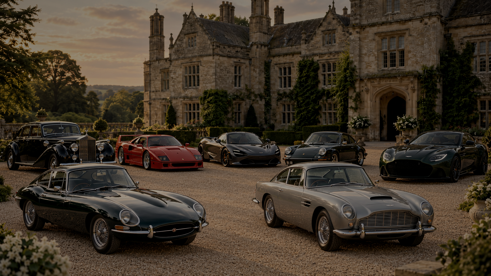Collection of classic and modern prestige cars on the gravel outside a stone manor house at dusk