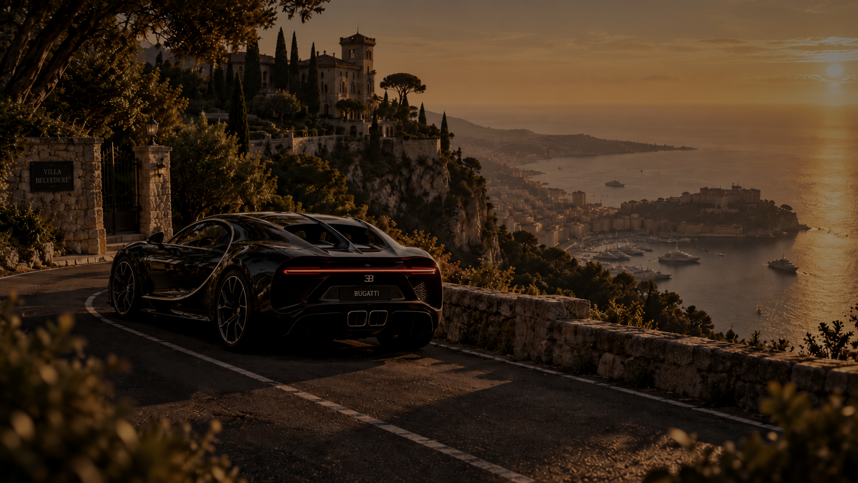 Black Bugatti on a Riviera coast road above the harbour at sunset