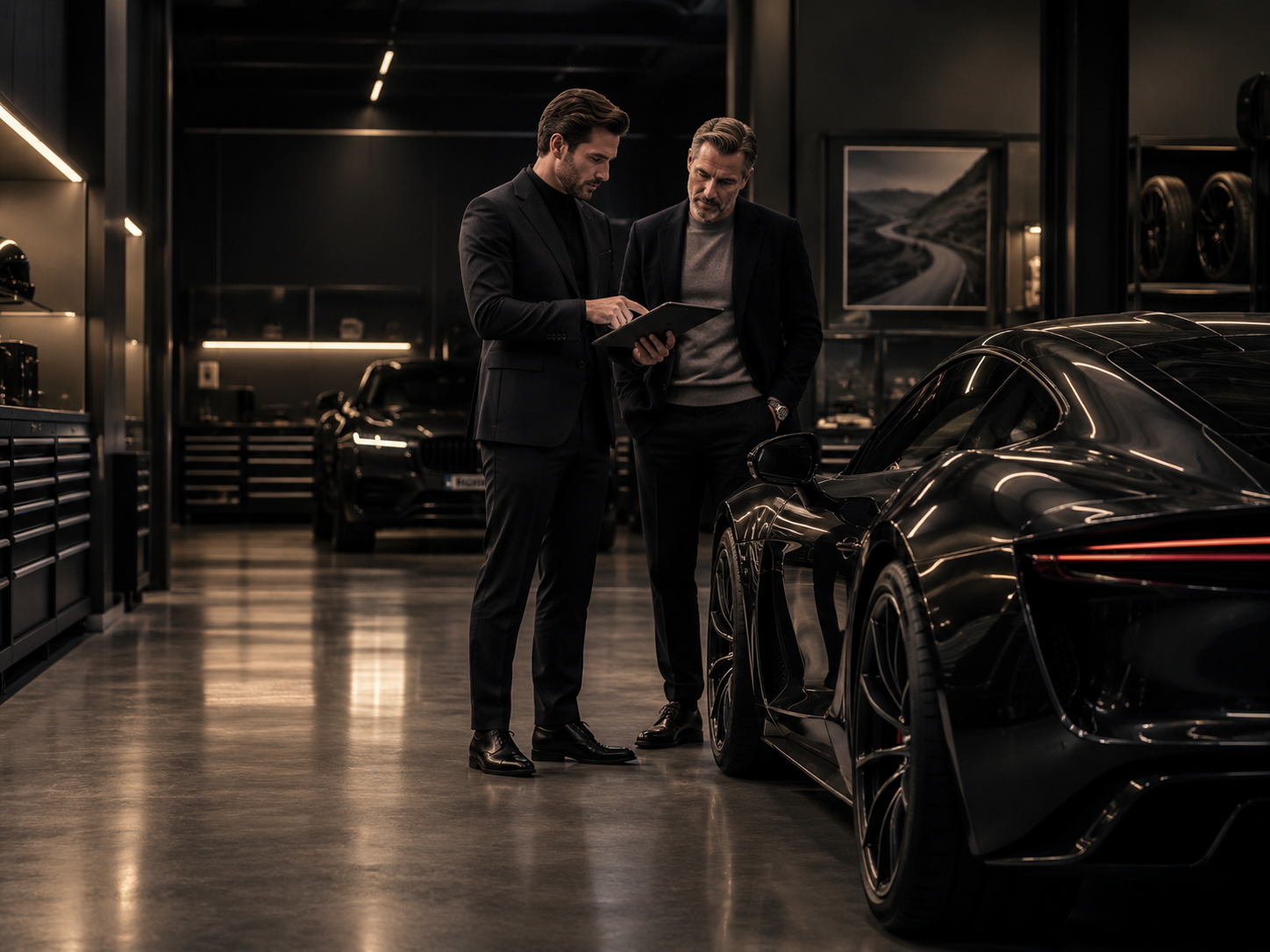Two consultants reviewing a prestige car in a specialist showroom