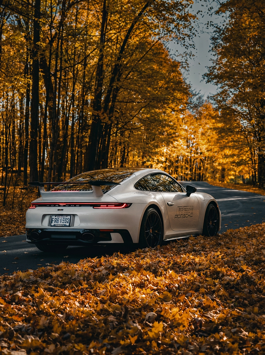 White Porsche 911 on an autumn leaf-lined road