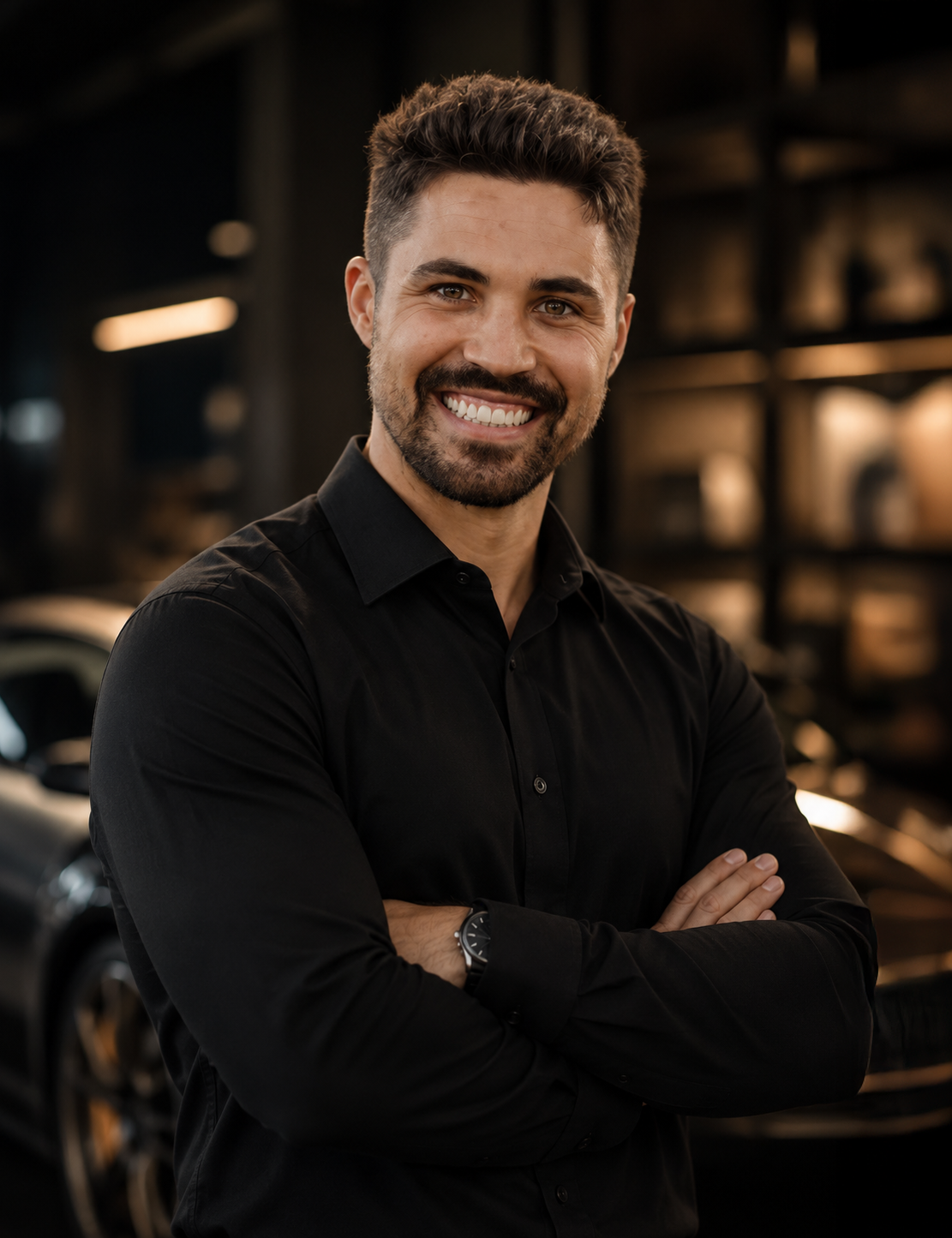 Callum Autumn, founder of Autumn Prestige, beside a prestige car