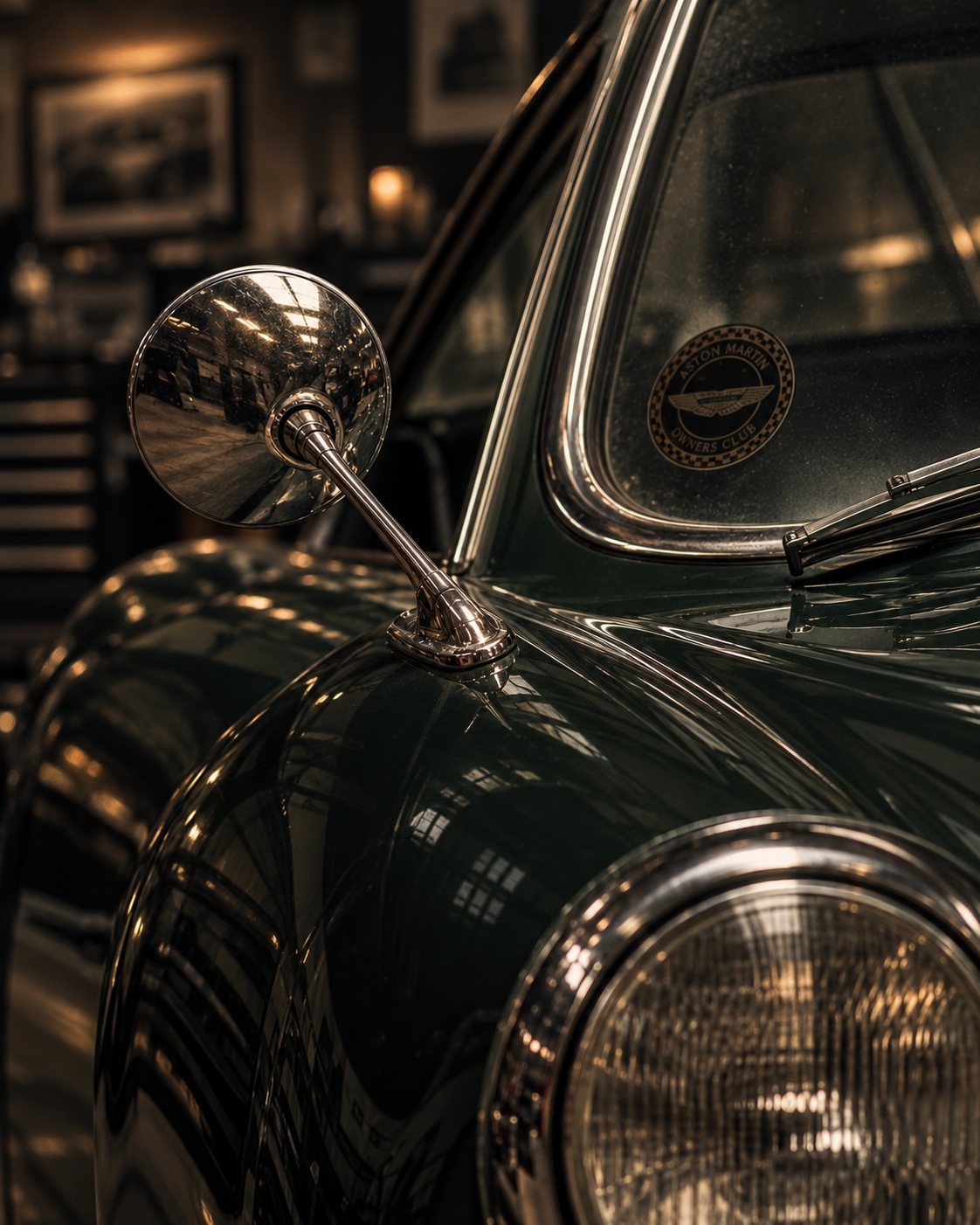 Aston Martin detail in a warm, low-lit workshop setting