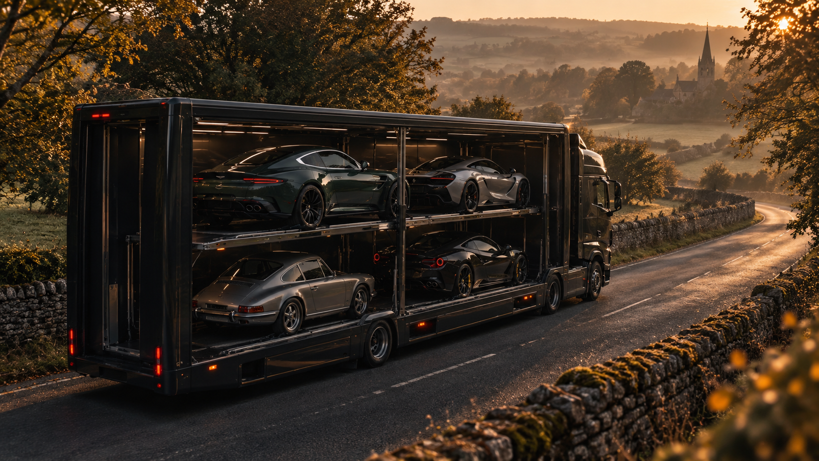 Enclosed transporter carrying prestige vehicles through the countryside at sunset