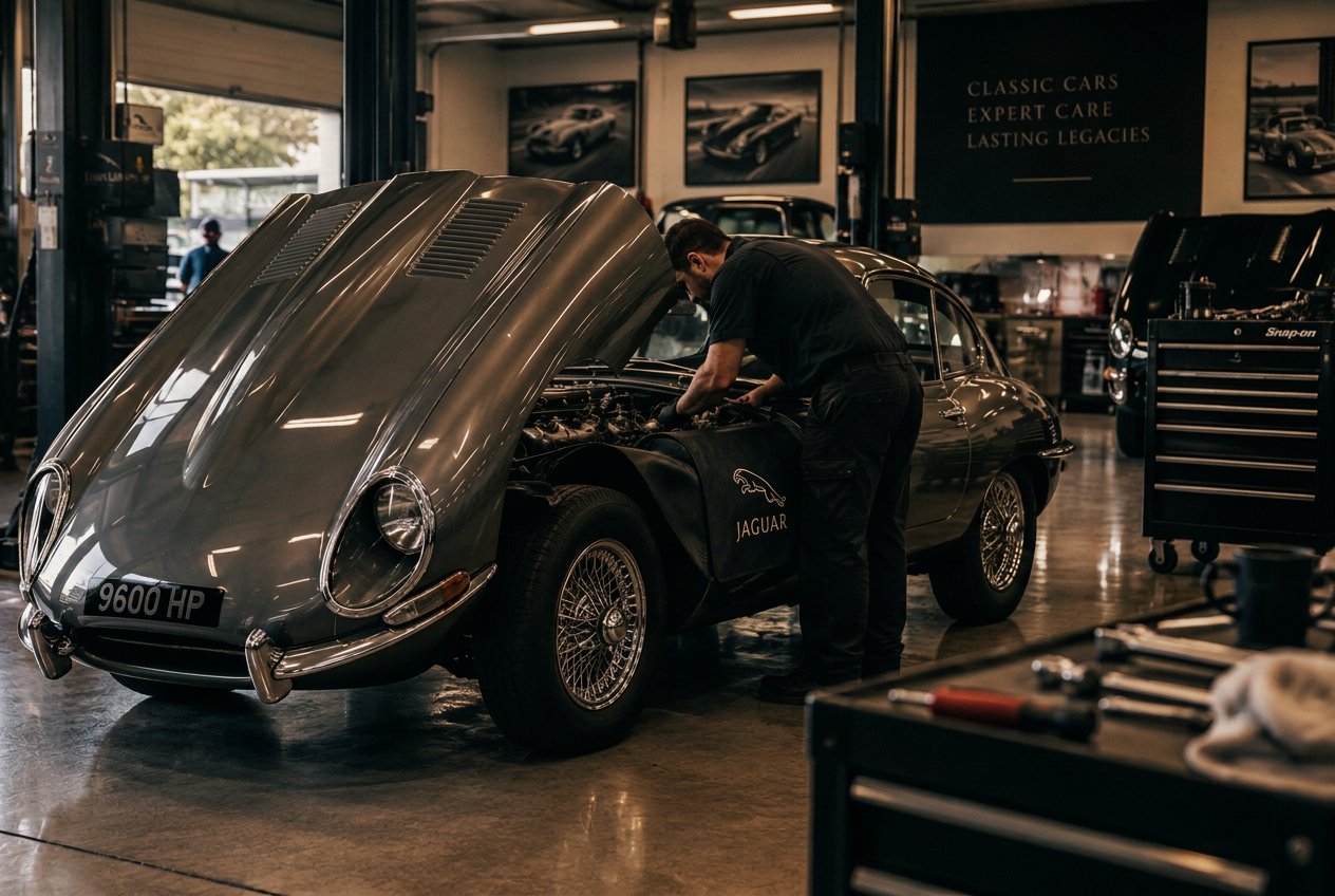 Classic Jaguar E-Type being serviced by a technician in a specialist workshop