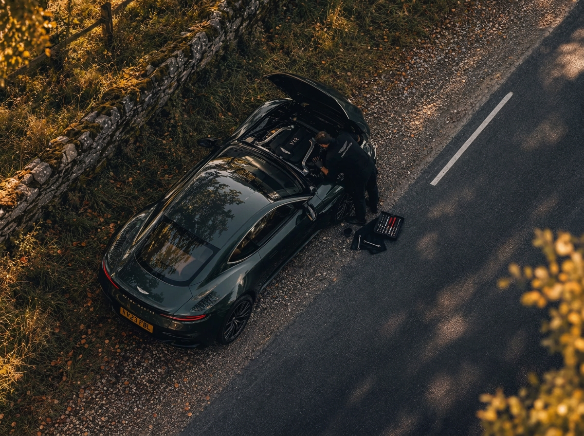 Technician attending to an Aston Martin grand tourer at the roadside