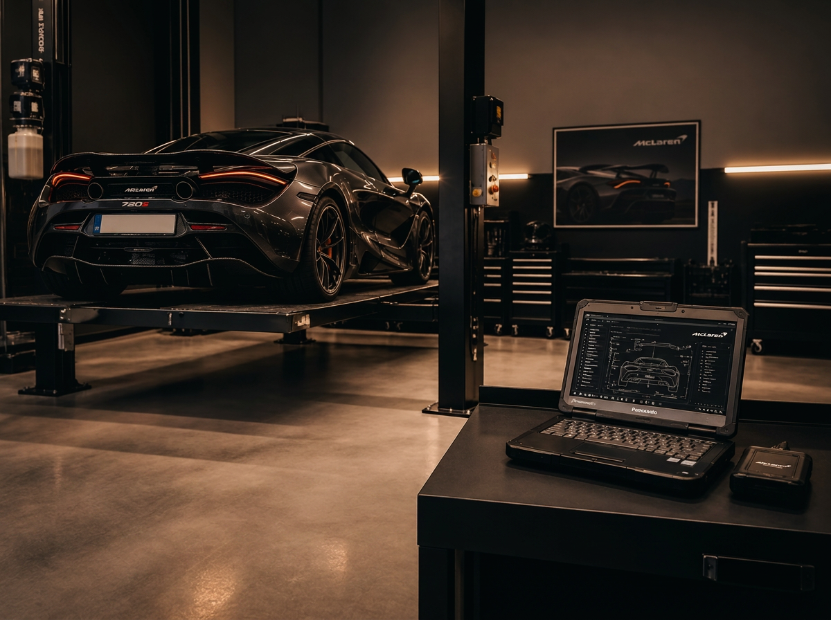 McLaren 720S on a lift in a specialist workshop with diagnostic laptop